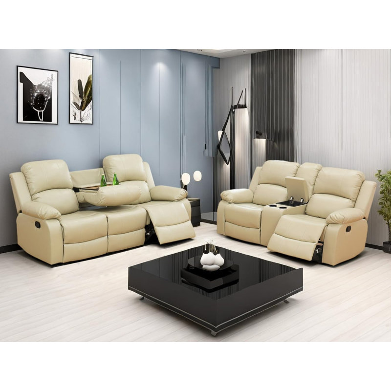 Ensemble de canapé de salon inclinable manuel en cuir 2 pièces Waunda, Similicuir beige