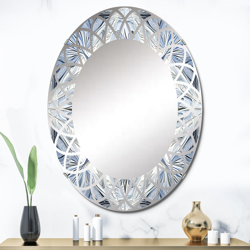 Turquoise and White Fractal Flowers I - Abstract Geometric Wall Mirror, 36" x 24"