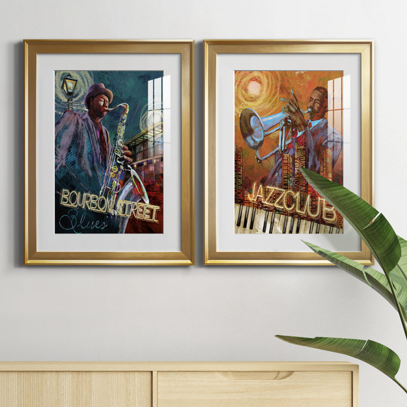 Bourbon Street Blues - ensemble de 2 reproductions sur papier, H 18,5 po x l 49 po x P 1,5 po, Papier encadré doré, Blanc