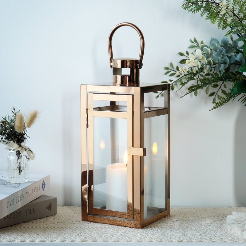 12'' High Metal Decorative Candle Lantern With Tempered Glass, Rose Gold