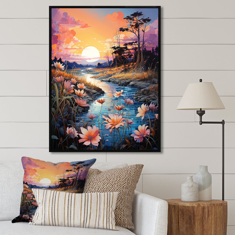" River Country Charm on Sunset " Print, 44" H x 34" W x 1.5" D, Black Floater Framed