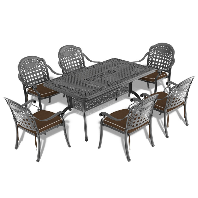 Black Cast Aluminum Patio Dining Table, 6, Rectangular, Umbrella Hole, , Space Saving Model Table For 6, Black, Rectangular Shape, Design