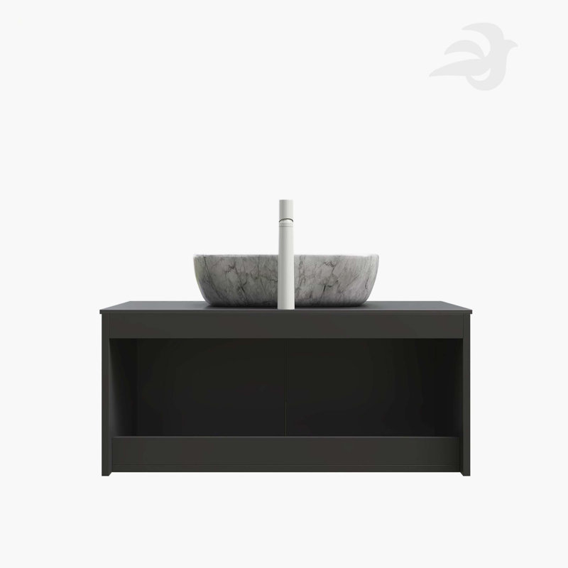 Meuble-lavabo 36 po, meuble de rangement mural en contreplaqué flottant, portes doubles en sergé avec garniture en métal, vasque rectangulaire en céramique à motif marbré et plateau en pierre frittée noire, noir