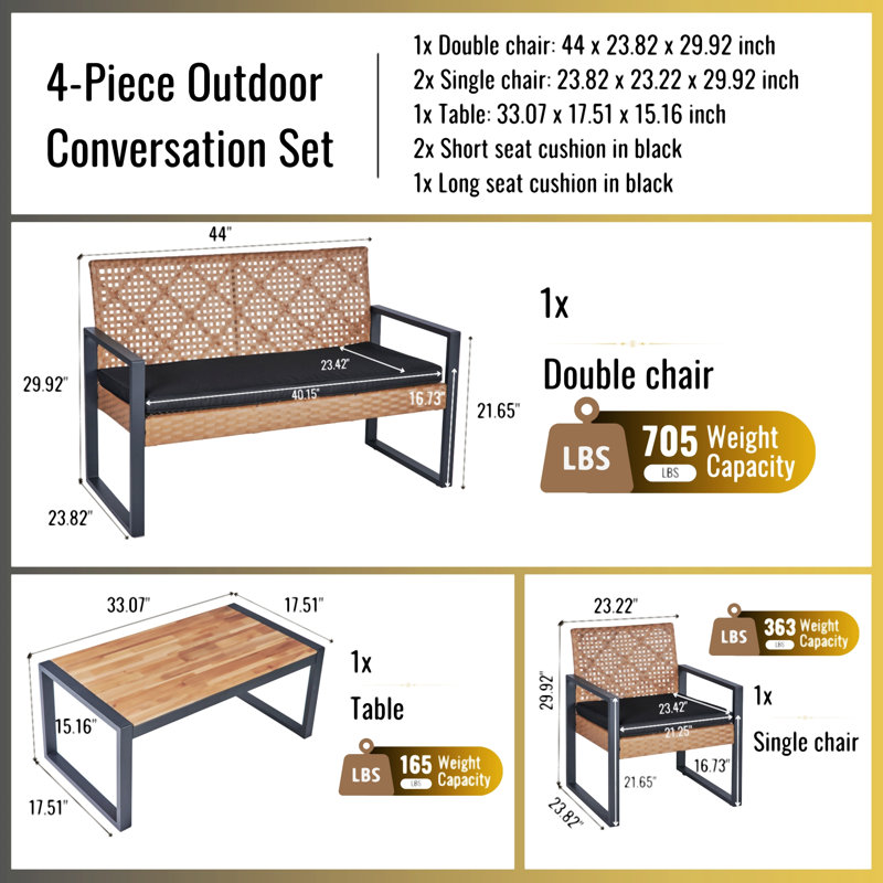 Ensemble de meubles de patio 4 pièces avec balcon et véranda, Brun, Noir