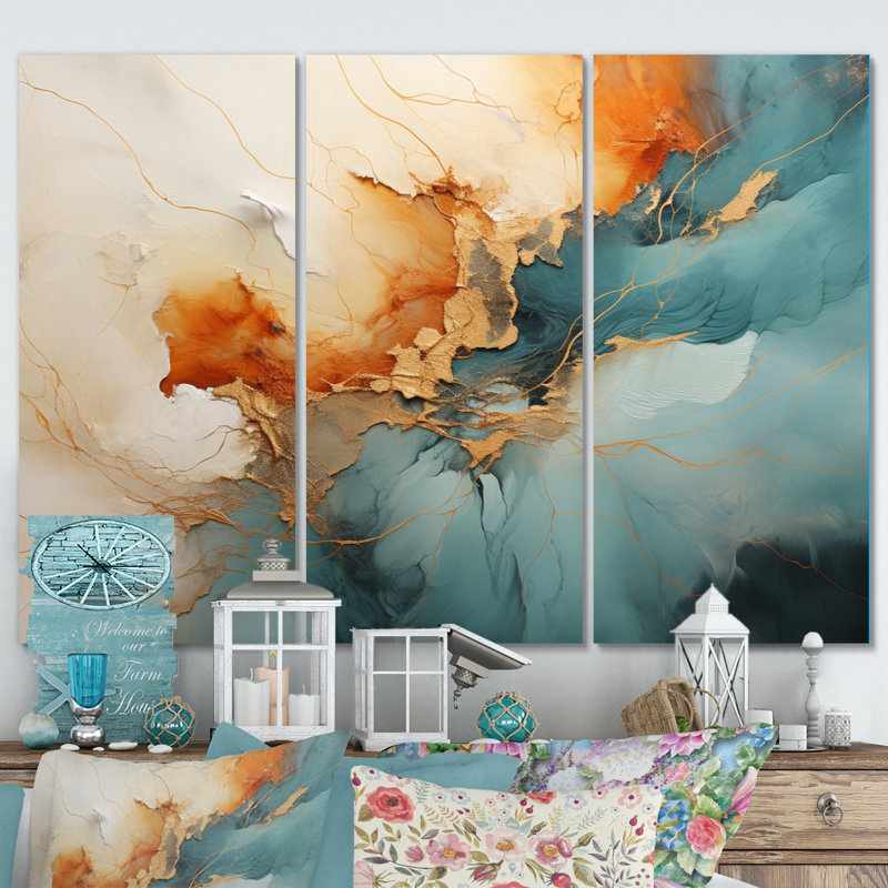 Ensemble de salon bleu sarcelle orange audacieux Energy V - Abstract Collages, H 28 po x l 36 po x P 1 po