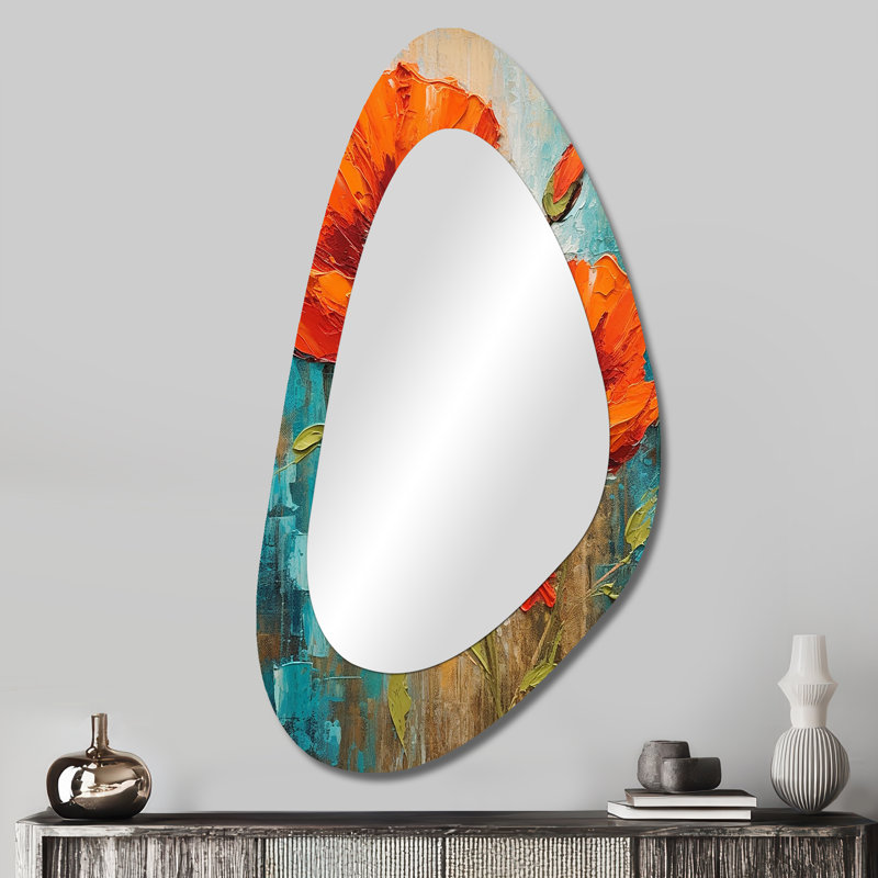 «Tavion Blossoming Red Poppes On Teal Sky», peinture - miroir décoratif asymétrique coquelicots, grand miroir mural de forme irrégulière