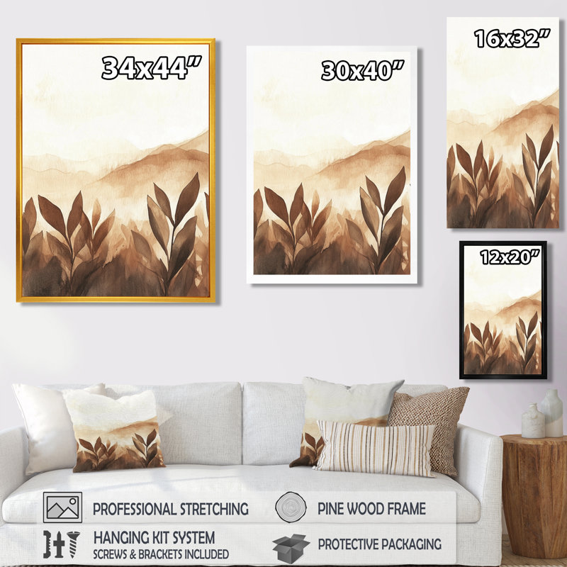 Tableau encadré « Flore de l'horizon terrestre brun beige - Feuilles », H 32 po x l 16 po, Black Picture Framed