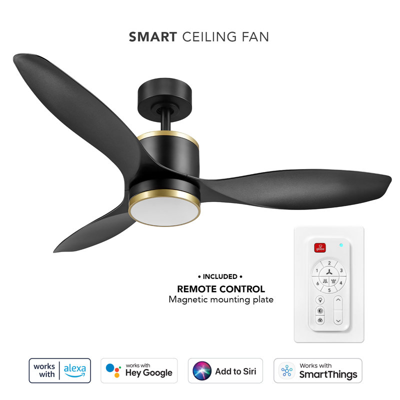 Ventilateur de plafond intégré à 3 pales à DEL avec télécommande et accents en laiton, Noir, H 15 po x l 48 po x P 48 po