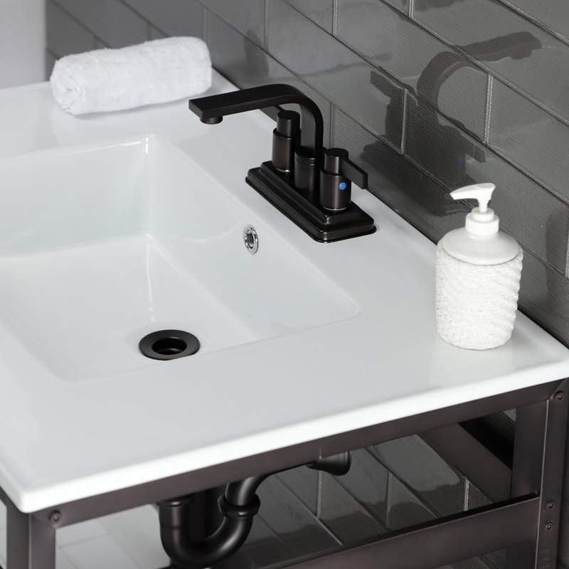 Kingston Brass Quadras 31-Inch Ceramic Console Sink with Steel Base and Glass Shelf, White/Oil Rubbed Bronze, 4" Centers