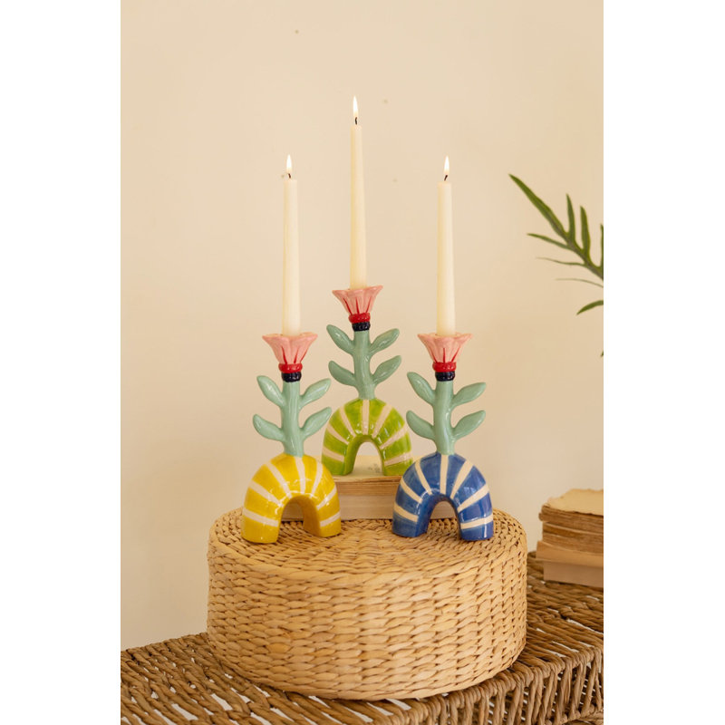  Decorative Flower Taper Holders – 2x Set of 3 Ceramic Pieces