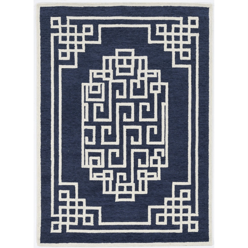 Tapis oriental en laine touffeté à la main Araban, Rectangle 5 pi x 7 pi, Bleu marine / Ivoire