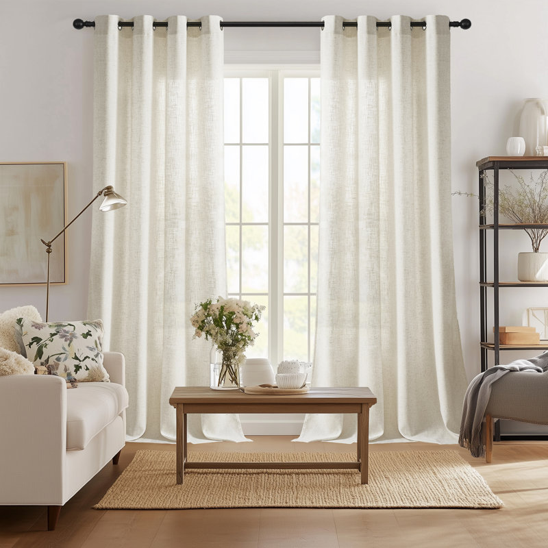 Linen Blend Semi Sheer Grommet / Eyelet Curtain Panel Pair, 117cm Width x 137cm Drop, Natural
