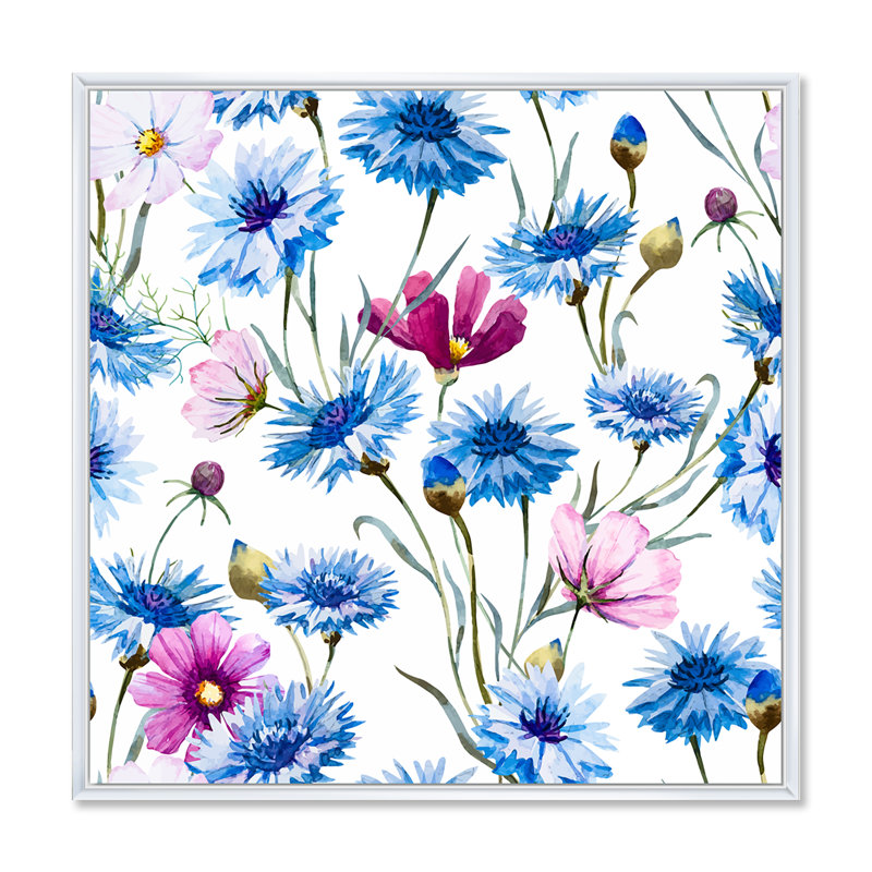 Bleu et rose, bleuet sauvage, reproduction sur toile, Toile blanche encadrée, H 16 po x l 16 po x P 1 po