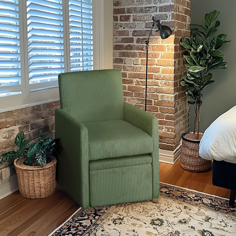 Fauteuil demi-tonneau rembourré avec repose-pieds, Velours côtelé vert