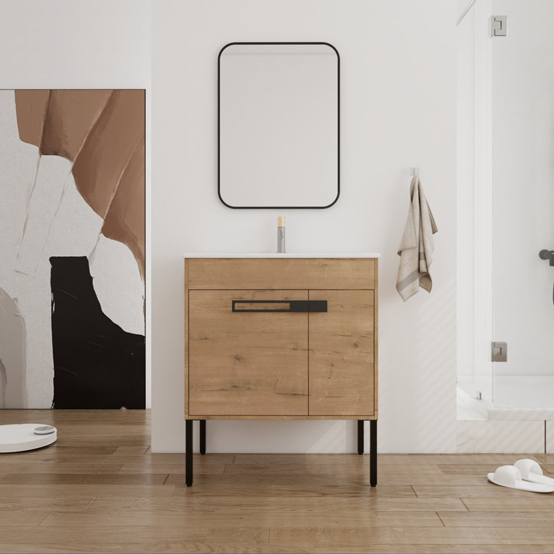 Meuble-lavabo simple 30,34 po avec plateau en céramique Crescencio, Chêne