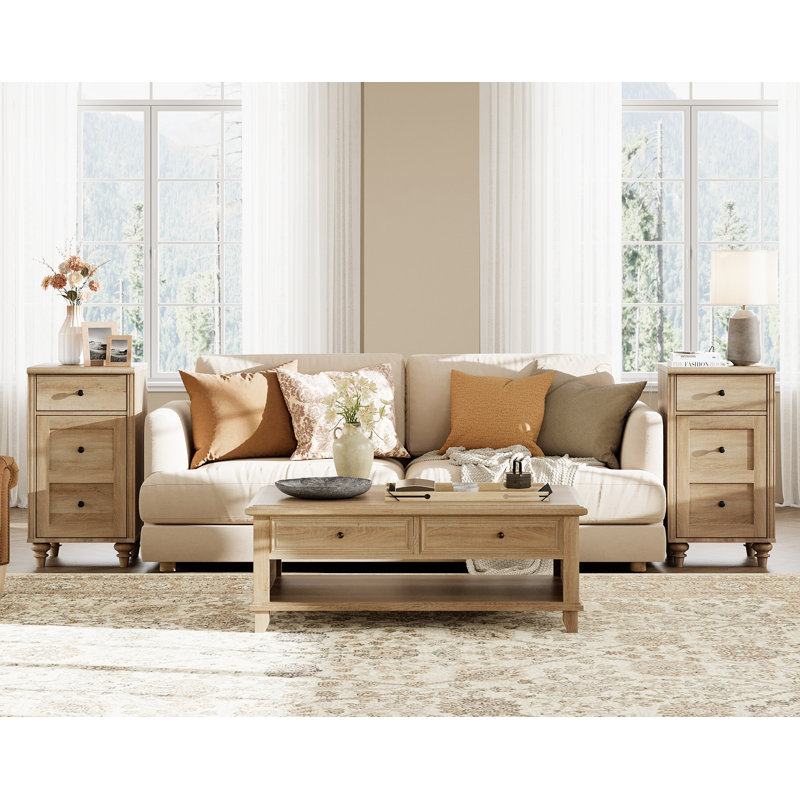 End Table Set With Charging Station,Wood Side Tables With Drawer And Storage Cabinet, Oak Nightstands Set Of 2, Natural