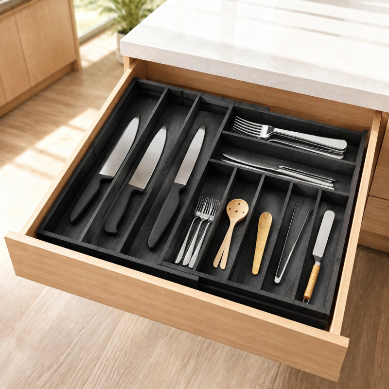 Bamboo Expandable Silverware Drawer Organizer with Labels, Kitchen Utensil Tray Holder for Flatware, Cutlery, Spoons and Knives