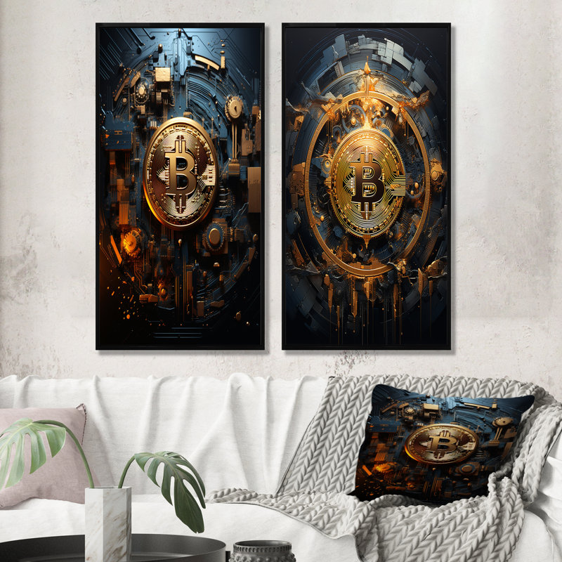 Golden Bitcoin Genesis - ensemble de 2 décorations murales abstraites, H 28 po x l 25 po, Cadre noir
