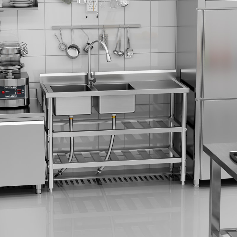 Stainless Steel Utility Sink - Commercial Double Bowl Kitchen Sink with Pull Out Faucet & Hot Cold Water Pipe