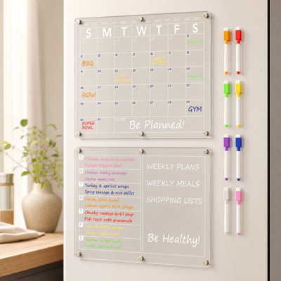 Calendrier de réfrigérateur magnétique transparent en acrylique et plan de repas, tableau de menu de réfrigérateur effaçable à sec deux fois par mois et par semaine pour la cuisine, livré avec 8 marqueurs de couleur