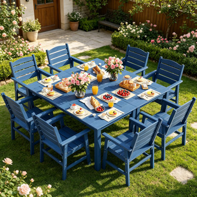 Ensemble de salle à manger d'extérieur toutes saisons 10 pièces Ensemble de salle à manger d'extérieur avec trou pour parasol et structure en aluminium Ensemble de salle à manger d'extérieur moderne pour 8 personnes pour cour arrière / porche / terrasse, 2 tables, 8 chaises, bleu foncé