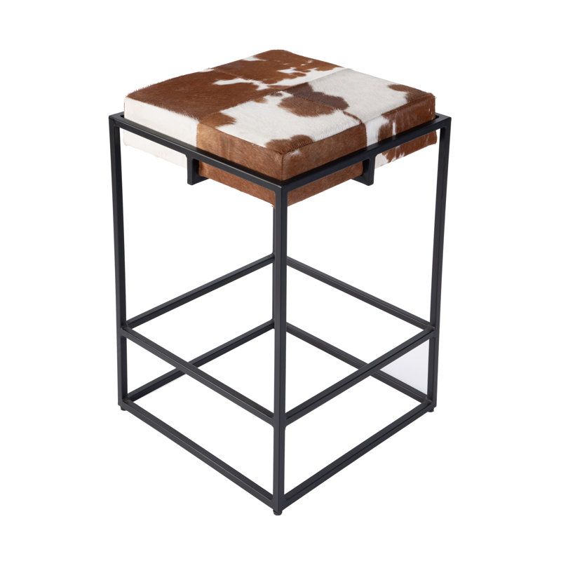 Stinson 26.5 in. Seat Height Hair-On-Hide Leather-Iron Counter Stool, Brown/White