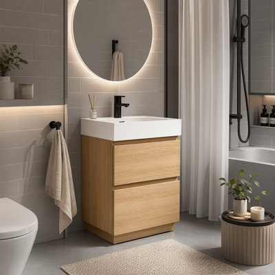 Ensemble de meuble-lavabo 24 po avec lavabo encastré, 2 tiroirs à fermeture en douceur et ensemble de meuble-lavabo en bois d'ingénierie à finition chêne