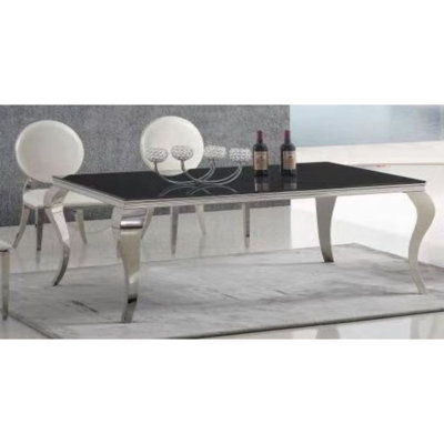 Table de salle à manger en verre trempé noir de 12 mm avec pieds en acier inoxydable ornés