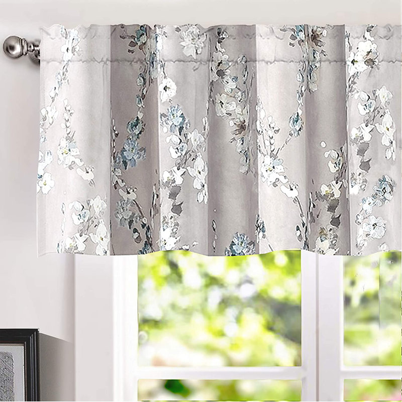 Mackenzie Blue and Gray Floral Polyester Rod Pocket Valance