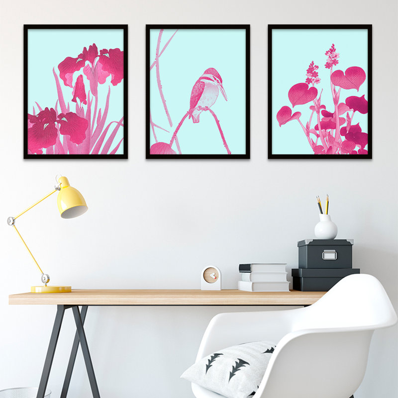 Ohara Koson Pink Kingfisher Lotus Flower - 3 Piece Print Set