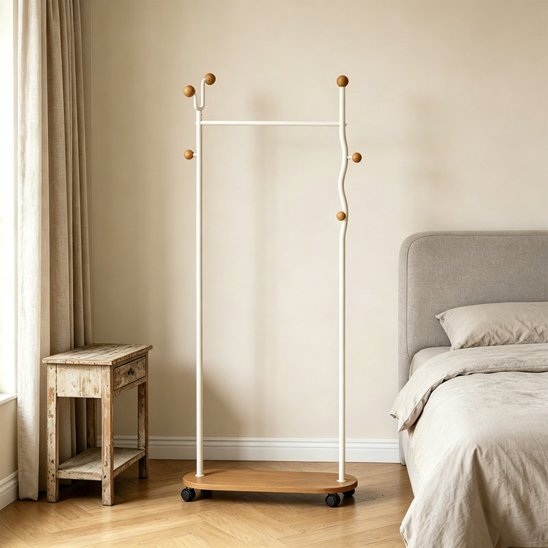 Modern Entryway Coat Rack Stand, Cream/Natural Wood