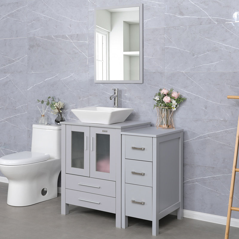  36" Single Bathroom Vanity Set with Vessel Sink, Manufactured Wood Top, Faucet, Drain, Gray, Gray