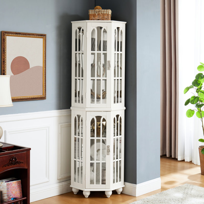Armoire de rangement White Curio avec pieds en bois massif et tablette réglable, Blanc