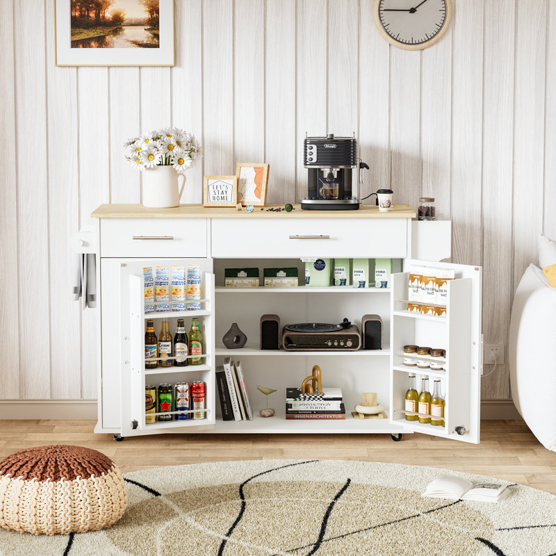Rolling Kitchen Island With Power Outlet & Drop Leaf, Mobile Kitchen Island Cart With Tilt-Out Trash Can Storage, Spice Rack & Towel Rack And Adjustable Shelf