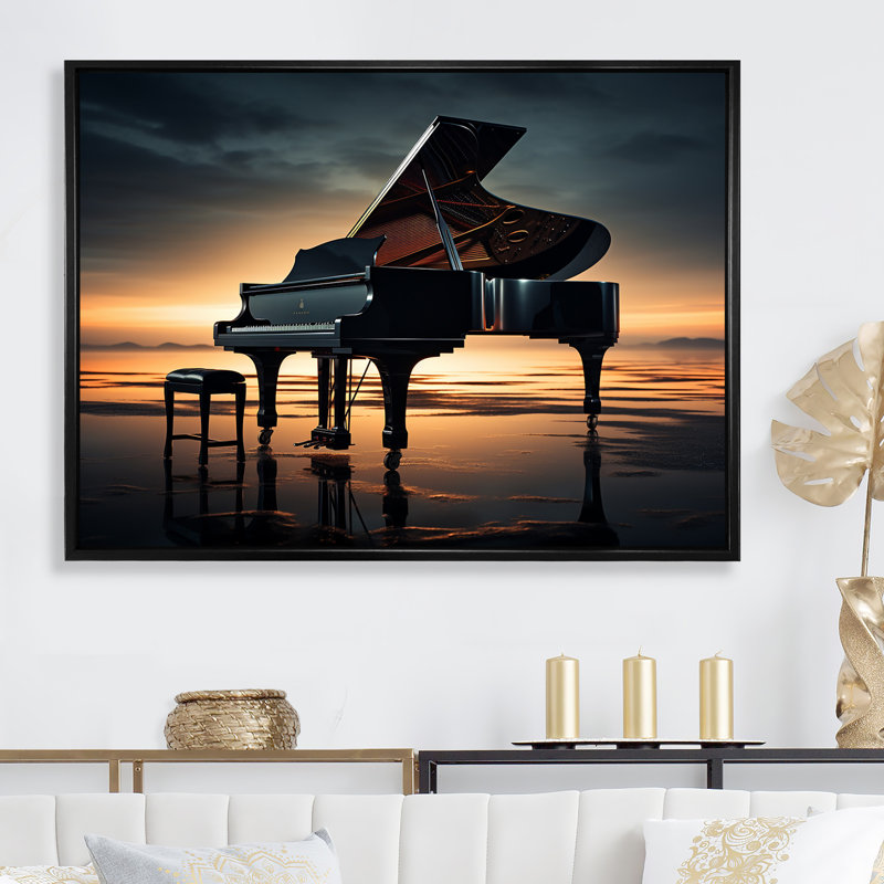 Piano Symphony In Silhouette I - Music Piano, art mural, H 30 po x l 40 po x P 1,5 po, Cadre flottant noir