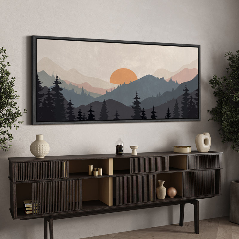 «Sun Mountain Landscape Serene Mountain Sunset Landscape with Pine Trees», reproduction d'art sur toile, H 30 po x l 60 po