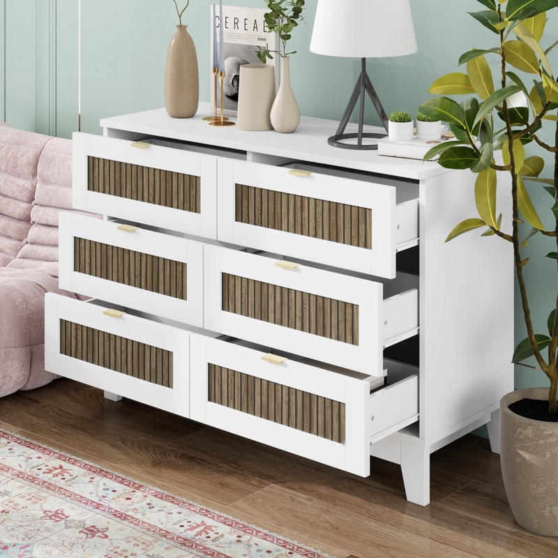 Commode 6 tiroirs Farmhouse, commode rustique, commode en bois, armoire de rangement large avec poignées en métal, Blanc