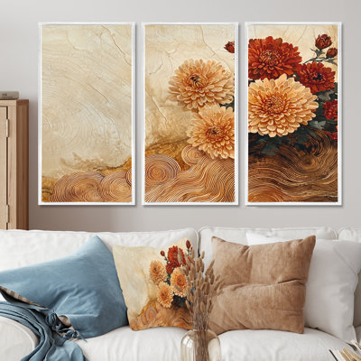 Fleurs d'automne de chrysanthèmes sur un plateau en bois diapositive IV - Art mural de chrysanthèmes - 3 pièces