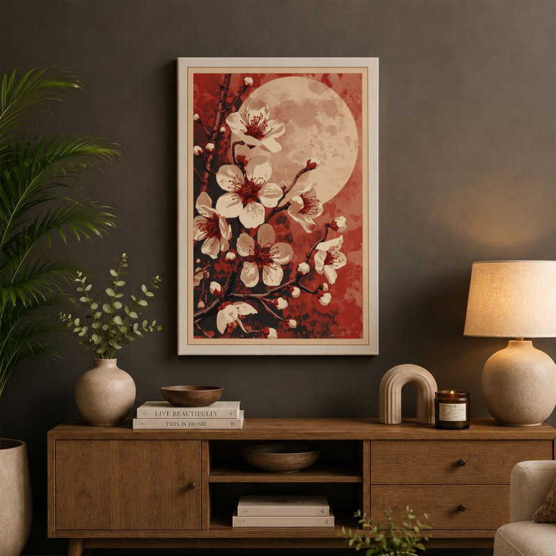 Moonlit Cherry Blossom Japandi - Wrapped Canvas, 30x20 - 76.2 x 50.8 cm, Terracotta Border