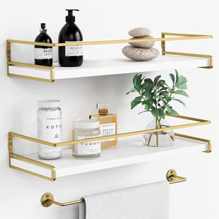  Forbena Floating Bathroom Shelves Wall Mounted, Aesthetic White  and Gold Shelves for Bathroom Accessories, Modern Bathroom Organizer with  Tower Bar for Wall Decor Storage Small Spaces, Set of 2 : Home