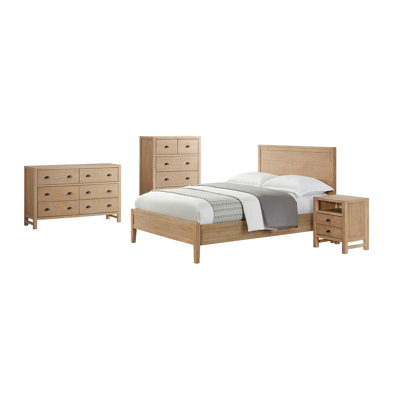 Arden 4-Piece Bedroom Set - King Size Bed, 2-Drawer Nightstand, 5-Drawer Chest, 6-Drawer Double Dresser, Solid Pine Wood, Light Driftwood Finish, Spacious Storage, Modern Rustic Style