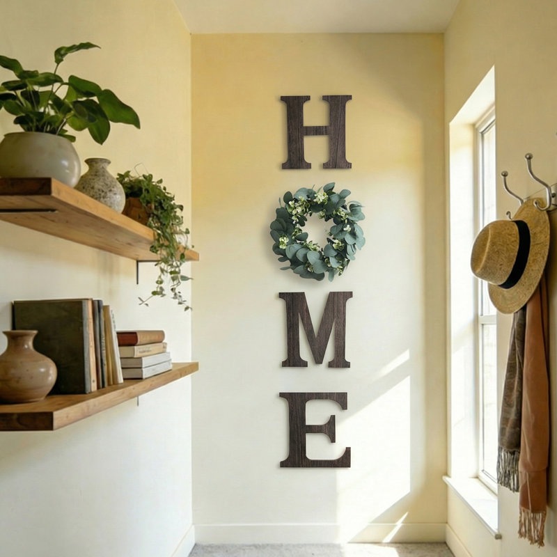 Farmhouse Wooden HOME Letters with Interchangeable Wreath - Rustic Door Hanging Sign for Entryway & Wall Decor