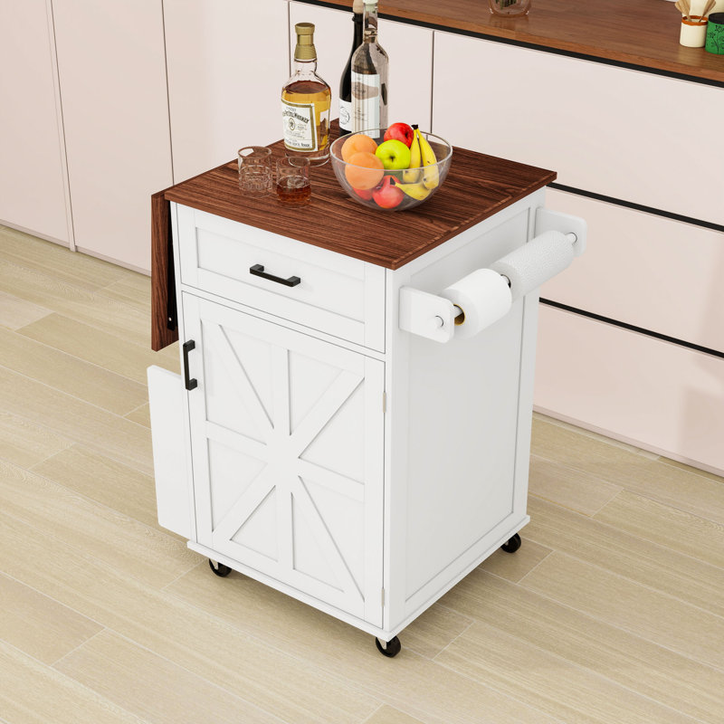 Wooden Kitchen Island with Drop Leaf, Drawer and Shelves, White
