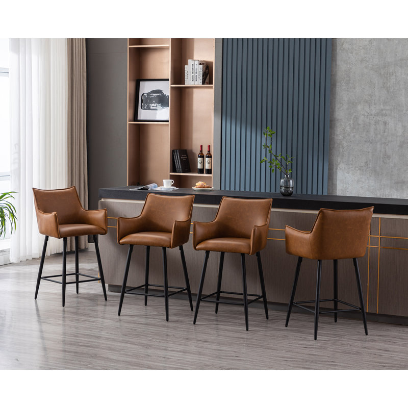 Brown Leather Upholstered Counter Stools with Metal Frame, Set of 2
