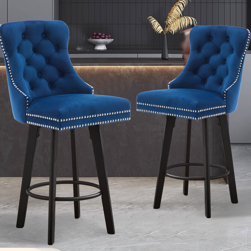 Modern  Swivel Bar Stools Velvet Barstools Button Tufted Bar Stools Rivet Trim Bar Stools for Kitchen Island,Bistro, with Metal Pull Ring Sturdy Footrest Large Backrest for Home Bar