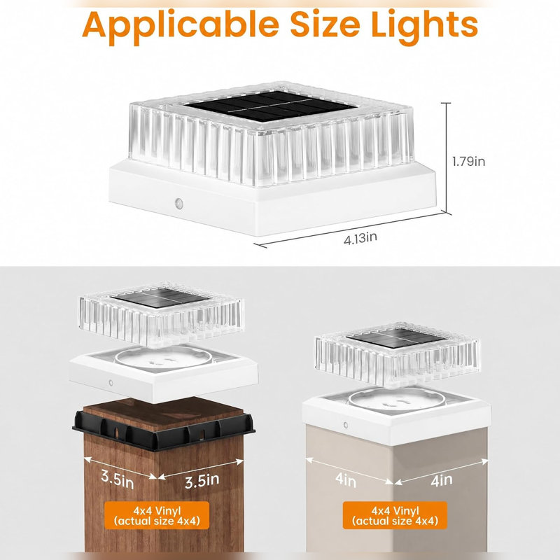 Lampes solaires blanches pour poteaux de clôture avec DEL blanc chaud pour poteaux de 3,5 x 3,5 et 4 x 4 pouces, Paquet de 4