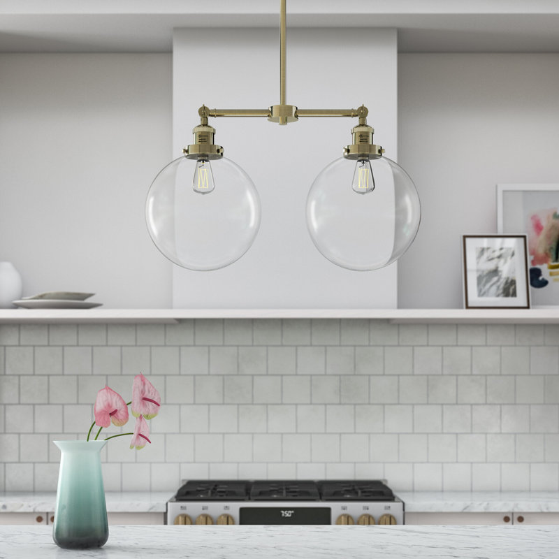 2 - Light Kitchen Island Pendant, Antique Brass, Clear