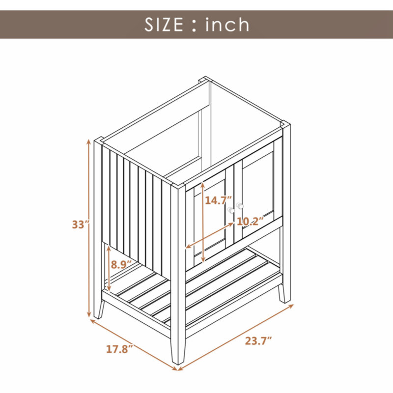 Base de meuble-lavabo 24 po seulement, structure en bois massif, armoire de rangement pour salle de bain avec portes et tablette ouverte, gris