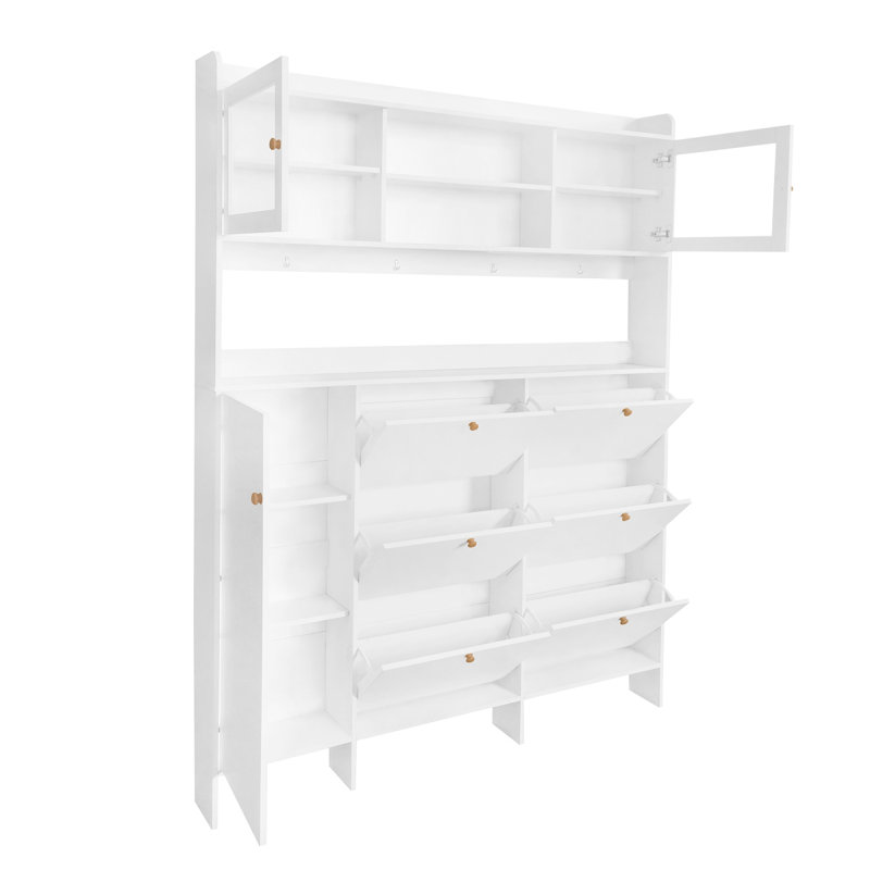 Multifunctional Tipping Bucket Shoe Cabinet With Storage Shelf & 6 Flip Drawers, Large Hall Tree With Tempered Glass Doors, Foyer Cabinet With 4 Hooks For Hallway