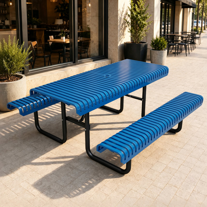 Tables de patio en métal bleu de qualité commerciale, table de salle à manger moderne en acier pour 6